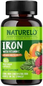 NATURELO Vegan Iron Supplement with Vitamin C and Organic Whole Foods - Gentle Iron Pills for Women & Men with Iron Deficiency Including Pregnancy, Anemia and Vegan Diets - 180 Mini Capsules