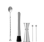 NJ Skull Muddler and Mixing Spoon, Bar Tool Stainless Steel with Double Japanese Jigger for Gift Set: 5 Pcs