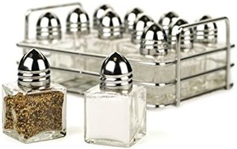 RSVP International Mini Glass Salt & Pepper Set Holder Included, 12 Shakers, Chrome and Stainless Steel