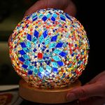 HAIDOLIANG Turkish Table lamp (D:4.7" x H:5.2"),Mosaic Glass Lamps with Wooden Base, Bohemian Tiffany Style Bedside Lamps, USB Power Supply Moroccan Lantern for Living Room Bedroom Decorations