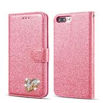 QLTYPRI Wallet Case for iPhone 6 Plus 6S Plus, Glitter PU Leather Case TPU Bumper Card Holder Kickstand [Wrist Strap] [Inlaid Heart Diamond] Flip Folio Case Cover for iPhone 6 Plus 6S Plus - Pink