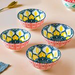 Nestasia Microwave Safe Ceramic Bowl with Mandala Pattern | Set of 4 | Perfect for Snacks, Rice, Dal, Vegetables, Fruits, Salad & Noodles | 250ml Each | Blue & Yellow