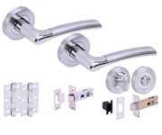 HANDLEZONE® Columba Premium Door Handles on Rose Bathroom Deadbolt Pack with 75mm Ball Bearing Hinges, 76mm Latch and Lock - Dual Polished/Satin Chrome