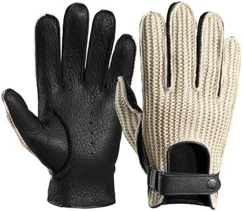 OZERO Men's Leather Driving Gloves, Goatskin Palm with Crochet Knit Back, Full Finger, Perforated, Snap Wrist Strap for Driving, Riding & Casual Wear- Black,Medium