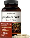 NatureBell Psyllium Husk Capsules 1500mg Per Serving, 360 Count, with Inulin & Chia Seed –Soluble Fiber for Digestion – Plant Based Herbal Fiber Supplement, Non-GMO, Gluten Free