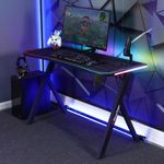 X-Rocker Lumio Compact RGB Gaming Desk 110 x 55cm, Large Gaming Table for Laptop Home Office Desk, Carbon Fibre Effect Gaming PC Desk with Headphone Hook and Cup Holder, Includes FREE Mouse Pad BLACK