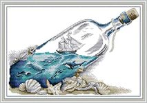 YEESAM ART Cross Stitch Kits Stamped for Adults Beginner Kids, Blue Sea in a Bottle 11CT 54×38cm DIY Embroidery Needlework Kit with Easy Funny Preprinted Patterns Needlepoint Christmas (Bottle)