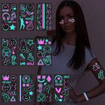 Konsait 10 Sheets Glow In The Dark Tattoos, Safe and Easy to Use Neon Temporary Tattoos, Music Notes Numbers Crown UV Blacklight Tattoos, Temporary Tattoos for Kids Adult Party Favors