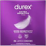 Durex Condom Extra Sensitive Natural Latex Condoms, 24 Count - Ultra Fine & Extra Lubricated, Regular Fit, FSA HSA Eligible