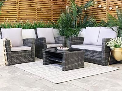 Juego de muebles de jardín de ratán gris mixto con cojines grises, sofá de lujo de 4 plazas con sillas modernas de tejido de mimbre y mesa de café para invernadero, sala de sol, patio, cubierta de