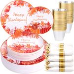 DaYammi 210Pcs Thanksgiving Plastic Plates, Red and Orange Disposable Dinnerware Set Includes: 30 Plastic Dinner Plates,30 White Dessert Plates,30 Pre Rolled Napkins with Gold Silverware & 30Gold Cups