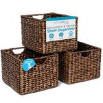 BIRDROCK HOME Storage Shelf Organizer Baskets with Handles - Handwoven Abaca Seagrass Wicker Basket for Pantry, Living Room, Office & Bathroom, Versatile Under Shelf Storage - Set of 3, Brown Wash