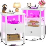 Nightstands Set of 2, Wood Nightstand with Charging Station and LED Light, 26.8 Inch LED Nightstand with Wood Drawers, 3-Tier Tall Bedsides Table End Table with Large Storage for Bedroom, White