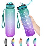 1 Litre Water Bottle with Straw, Time Markings Motivational Sport Water Bottle, Bpa Free Tritan Drinks Bottle for Girls, Boy, Fitness, Outdoor, Cycling, Gym, School & Office (Green Purple)