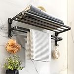 yozhch Matte Black Towel Rail Wall Mounted Towel Rack Double Towel Rail with Shelf Self Adhesive Bathroom Towel Holder with 2 Bars Bath Rack with Hooks (15-Inch)