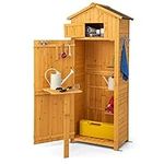 Goplus Outdoor Storage Shed, Wooden Garden Storage Cabinet with Lockable Doors, Foldable Table, Hooks, Utility Tool Organizer with Shelves, Waterproof Outside Tool Shed for Patio Backyard Lawn