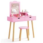 Costzon Kids Vanity Set, Girls Vanity Set with Mirror and Stool, 2 Large Drawers, Storage Shelf, Wooden Princess Makeup Dressing Table, Pretend Play Vanity Table and Chair Set for Toddlers (Pink)