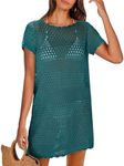 ANRABESS Women Swimsuit Crochet Swim Cover Up Summer Bathing Suit Swimwear Knit Short Sleeve Pullover 2025 Beach Dress XX-Large Cyan