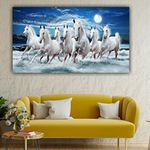 Innovision Vastu Seven White Running Horses Paintings Canvas Modern Wall Art Decor Big Large Size Painting for Living Room (48x24 Inches)