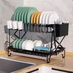 Baodan Dish Drainer Rack, Foldable 2 Tier Sink Drainer Rack with Drip Tray,Black Stainless Steel Draining Board Rack