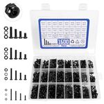 1600pcs Premium Metric Screw Assortment Kit, M2 M3 M4 M5 Button Head Socket Cap Screw Assortment with Nuts, Flat & Lock Washers, Alloy Steel Nuts and Bolts Assortment Kit (Black)