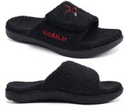 KuaiLu Mens House Slippers Size 10, Adjustable Winter Warm Open Toe Slider Slippers Slip-on Fur Sandals with Arch Support Indoor Outdoor, Black