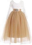 Glamulice Lace Flower Girls Dress Ivory Backless Princess Evening Party Daddy Daughter Dance Ball Gown Gold Wedding Girl Bridesmaid Formal Birthday Tulle Long A line Maxi Christmas Dresses Golden 4-5