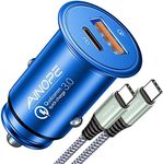 AINOPE 67.5W Car Charger USB C Fast Charging, [Mini & Compact] iPhone 16 Car Charger, Dual Port QC3.0 Cigarette Lighter Adapter USB Charger, Car Charge for iPhone 16 15 Samsung Galaxy Android, Blue