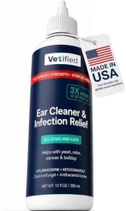 VETIFIED Ear Infection Treatment XL+ Dogs & Cats Ear Cleaner - 2 in 1 Dual Action Help with Yeast, Odor, Earwax & Buildup - 12 fl oz