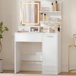 VASAGLE KAILYN Collection - Dressing Table with LED Lights and Power Outlet, Vanity Table with Mirror, Adjustable Shelves, 1 Drawer, 2 Open Shelves, Modern Makeup Desk, White RDT138W03