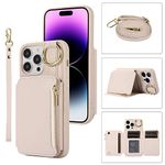 Furiet Wallet Case for iPhone 11 Pro Max 6.5 with Wrist and Shoulder Strap Card Holder Ring Stand Flip Zipper PU Leather 6+ Slots RFID Blocking Phone Cover for iPhone11 11pro Promax i XI Plus Beige