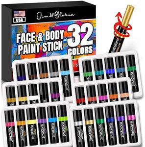Jim&Gloria Bulk Face Painting Kit - 32 Metallic, Neon, and Classic Colors + Makeup Brush. Skin-Safe Washable, Professional Body Paint Crayon Set. Perfect for Crafts, Toys, Easter, and Gifts for Kids