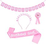 WAIZHIUA 4 Pcs Birthday Girl Set, Birthday Girl Sash Birthday Girl Tiara Birthday Girl Badge and Happy Birthday Banner for Girl Women Birthday Party Supplies (Pink)