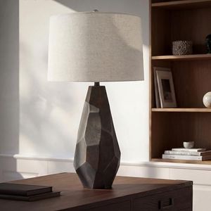 Abani Lia Faceted 31” Table Lamp – Brown Ceramic Base with Wheat Linen Cylinder Shade, E26 2-Way Bulb Included – Modern Glam Bedside Lamp for Bedroom, Living Room or Nightstand