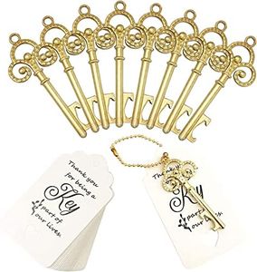 WODEGIFT 100 PCS Key Bottle Openers,Rustic Wedding Favors,Gifts,Decorations or Souvenirs for guests Bulk,Bridal Shower Party Favors with Card Tag and Chains (Gold)