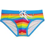 FEOYA Men's Swimming Briefs with Pouch Sexy Low Rise Swim Briefs Summer Bikini Bottoms Swimwear Printed Swimming Costume Drawstring Rainbow Swim Briefs Micro Swimming Trunks Beach Padded Underwear XL