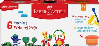 Faber-Castell Little Creatives Modelling Dough Set of 6 | Non-Toxic Super Soft Modelling Dough for Kids Aged 3+ years | Includes Plastic Knife, Roller & Character moulds on lid and base | Super Soft, Non-Sticky & Child-Safe
