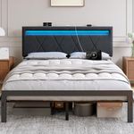 ROCHECASA Queen Bed Frame with USB Charging Socket and LED Light, Upholstered Bed with Height Adjustable Headboard, Noise Free, Easy Assembly, Dark Grey