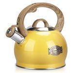 Hauce Radio Tea Kettle, 2.1 Quart Stove Top Whistling Tea Kettle, Teapot with Food Grade Stainless Steel and Wood Pattern Folding Handle, Suitable for All Heat Sources