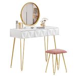 EUGAD White Dressing Table with Velvet Pink Stool 360° Swiveling Mirror Set with 3 3D Effect Drawers Under the Makeup Bedroom Desk Dresser Set Hairpin Legs