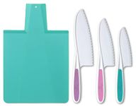 Tovla & Co. Kids Kitchen Knife and Foldable Cutting Board Set: Children's Cooking Knives in 3 Sizes & Colors/Firm Grip, Serrated Edges, BPA-Free Kids' Knives/Safe Lettuce and Salad Knives