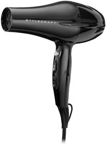 StyleCraft Stay-Temp Professional Lightweight Hair Dryer, 3 Heat/2 Speed Settings, Ionic Turbo Motor, Concentrator Nozzle, and Pik Attachments