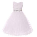 DreamHigh Wedding Flower Girl's Sequined Shining Crystal Waist Evening Dress up White 7-8 Years