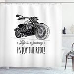 ABAKUHAUS Enjoy the Ride Shower Curtain, Detailed Hand-drawn Motorcycle and an Inspirational Words Art Print, Cloth Fabric Bathroom Decor Set with Hooks, 78 Inches, Black and White