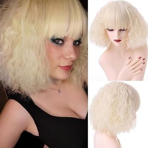 Short Corn Curly Wavy Blonde Wigs for Women Halloween Cosplay Party Wig with Fringe (Disposable)