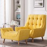 PHIRKCRAFT Wooden Wing Chair For Living Room, Arm Chair With Ottoman, Velvet Touch Accent Chair With Foot Stool, Mango Wood Legs, Yellow, Pre-Assembled, 4 Seater