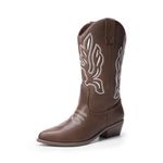 DREAM PAIRS Women's Cowboy Boots Mid Calf Cowgirl Boots Embroidery Stitched Western Boots,Size 9,Brown-Pu,DWUMMB2419