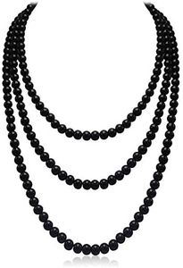 Black Long Pearl Necklace for Women Layered Faux Pearl Beads Strand Necklace Costume Jewelry, 69",Diameter Pearl 8MM
