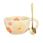 XinHuiGY Cute Coffee Mug,Ceramic Tea Mug,Kawaii Coffee Cup,Handmade Mug,Creative Flower Pink Mug with Spoon,Aesthetic Mugs for Milk Cappuccino Cocoa,250ml Cheery Mugs Gift for Women Christmas (Orange)