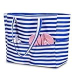 benpen Large Beach Bag for Women:Waterproof Summer Beach Tote Bag with Zip,Holiday Essentials Shopping Bag Travel Bag with Pockets,Lightweight Overnight Shoulder Bag Handbags for Pool (blue strip)